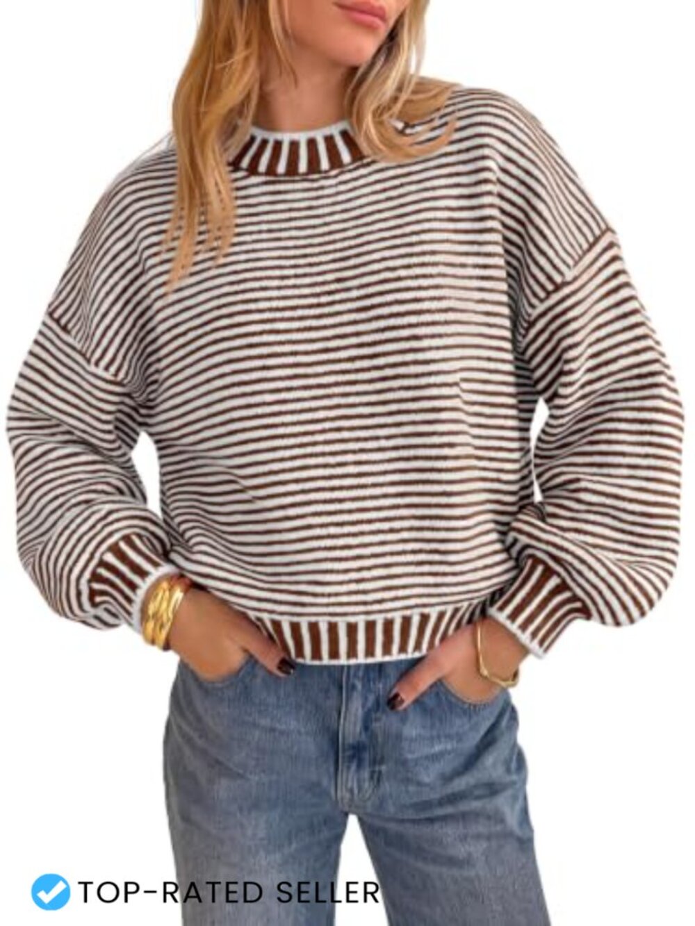 Womens Striped Chunky Knit Crew Neck Oversized Pullover Sweater